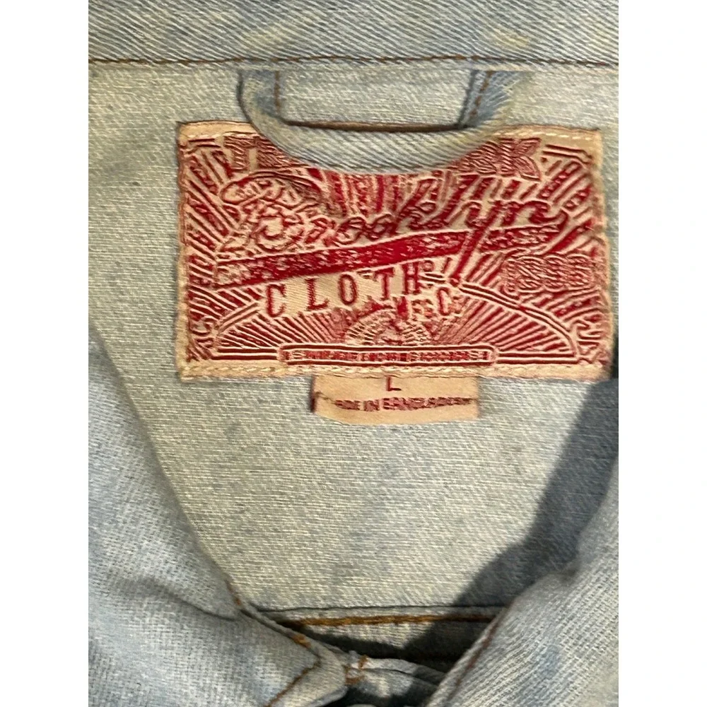 Brooklyn Cloth Mens Distressed Denim Jacket Light Wash Ripped Trucker Large